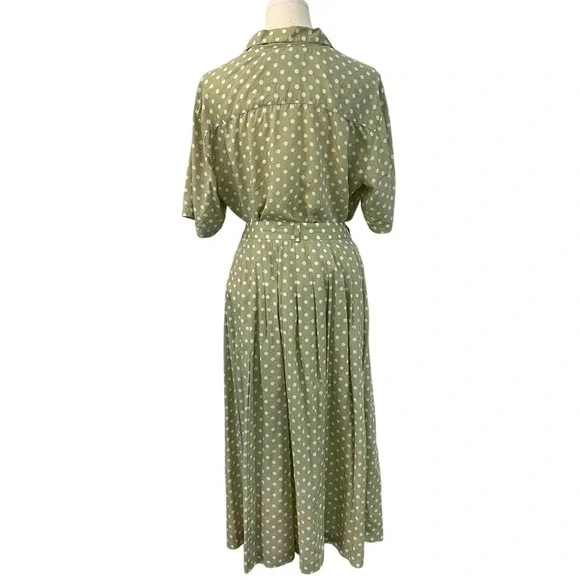 Vintage Rayon Skirt Set Polka Dot Sage Midi Tea Dress Cottagecore 12 - Picture 5 of 10